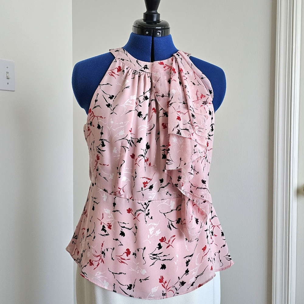 WHBM Floral Halter Blouse Ruffle Neck Elegant Feminine Spring Top Petite 10P